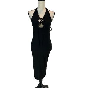 Velvet Torch Sleeveless Halter Ribbed Knit Cutout Bodycon Midi Dress - Black - L